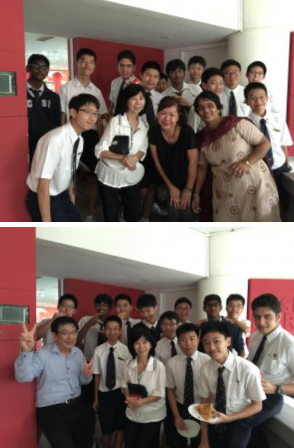 Two group photos of students in white shirts and ties posing with adults near red walls indoors.